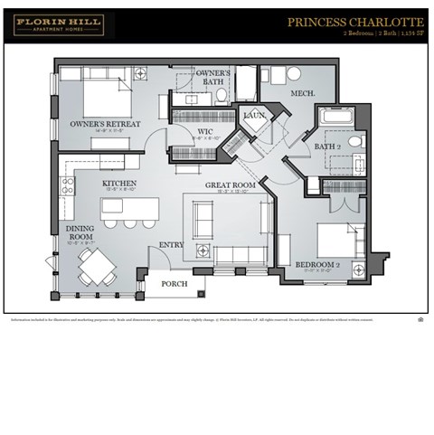 Floor plan for 2 beds, 2 baths, 1256 sqft